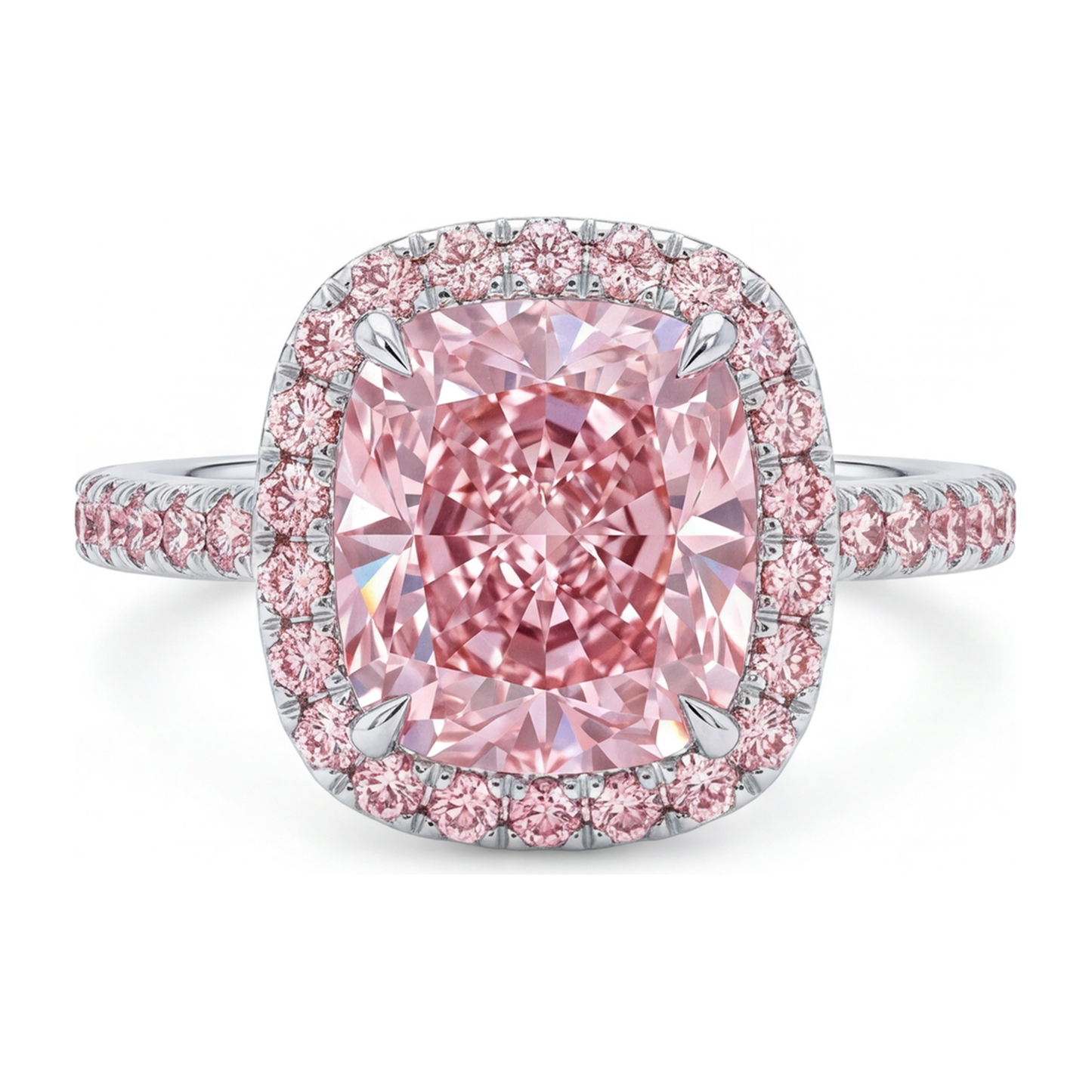 Verlobungsring mit im Labor gezüchtetem rosa Diamanten, 6 Karat, Kissenschliff, Halo, Pavé, 14 Karat Weißgold