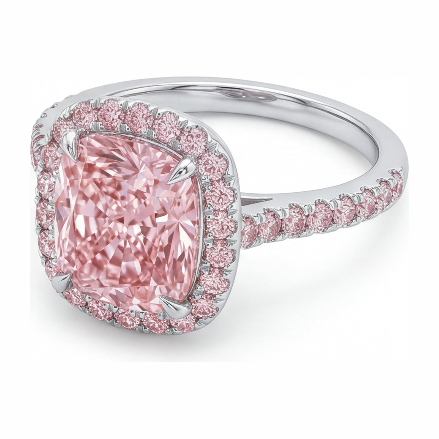 Verlobungsring mit im Labor gezüchtetem rosa Diamanten, 6 Karat, Kissenschliff, Halo, Pavé, 14 Karat Weißgold