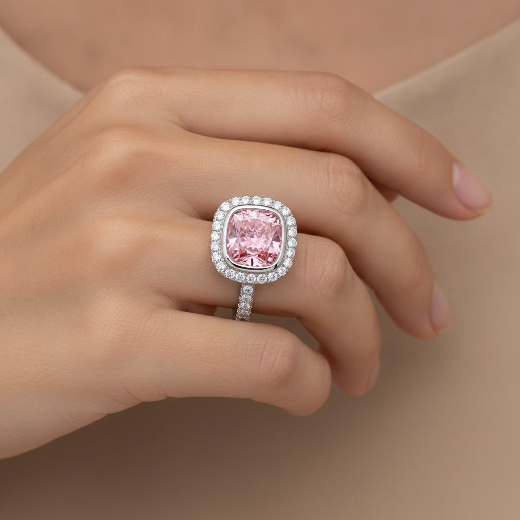 Rosa Diamantring 6 Karat im Labor gezüchtet Kissenschliff Halo Pavé 14 Karat Weißgold