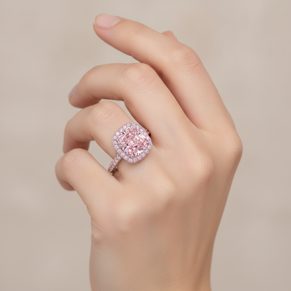 Verlobungsring mit im Labor gezüchtetem rosa Diamanten, 6 Karat, Kissenschliff, Halo, Pavé, 14 Karat Weißgold