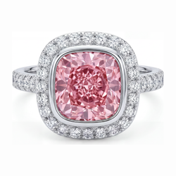 Rosa Diamantring 6 Karat im Labor gezüchtet Kissenschliff Halo Pavé 14 Karat Weißgold