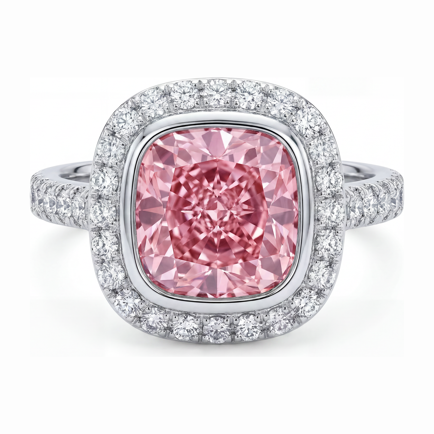 Rosa Diamantring 6 Karat im Labor gezüchtet Kissenschliff Halo Pavé 14 Karat Weißgold