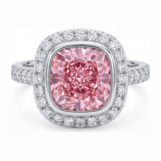 Rosa Diamantring 6 Karat im Labor gezüchtet Kissenschliff Halo Pavé 14 Karat Weißgold