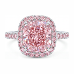 Verlobungsring mit im Labor gezüchtetem rosa Diamanten, 6 Karat, Kissenschliff, Halo, Pavé, 14 Karat Weißgold