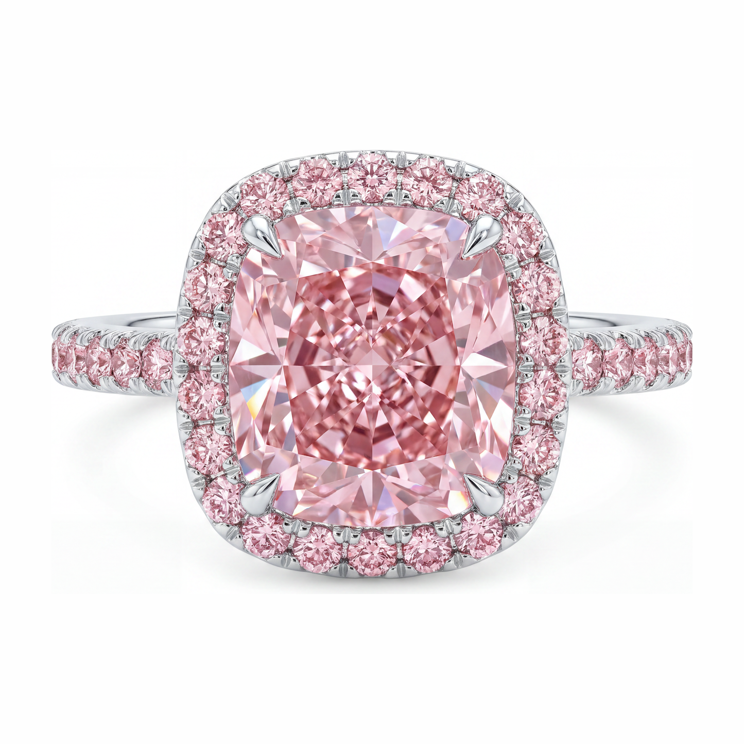 Verlobungsring mit im Labor gezüchtetem rosa Diamanten, 6 Karat, Kissenschliff, Halo, Pavé, 14 Karat Weißgold