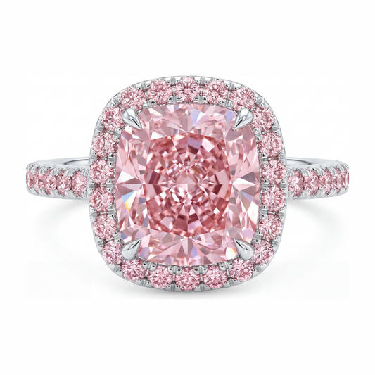 Verlobungsring mit im Labor gezüchtetem rosa Diamanten, 6 Karat, Kissenschliff, Halo, Pavé, 14 Karat Weißgold