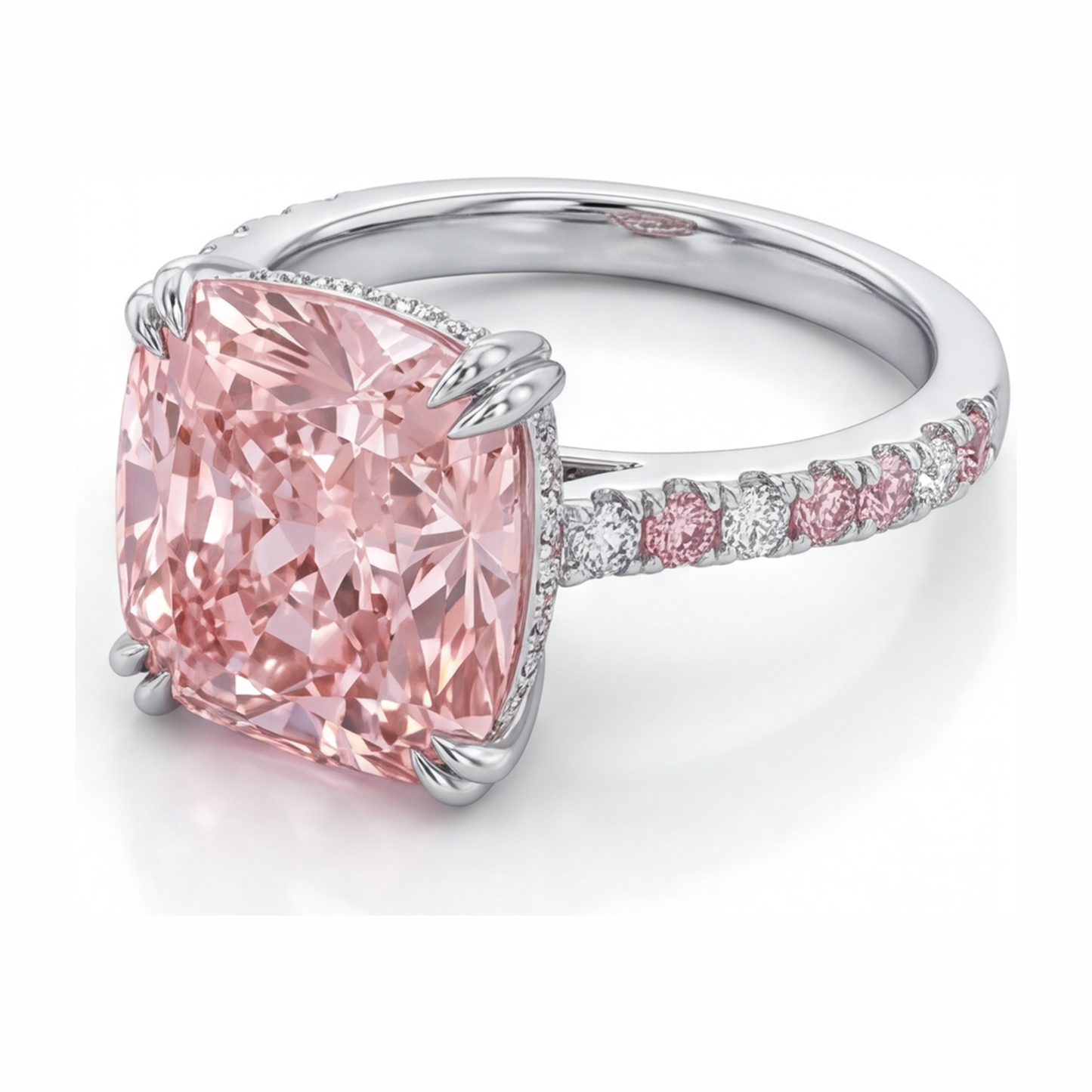 Rosa Diamantring 6 Karat im Labor gezüchtet Kissenschliff Pavé 14 Karat Weißgold