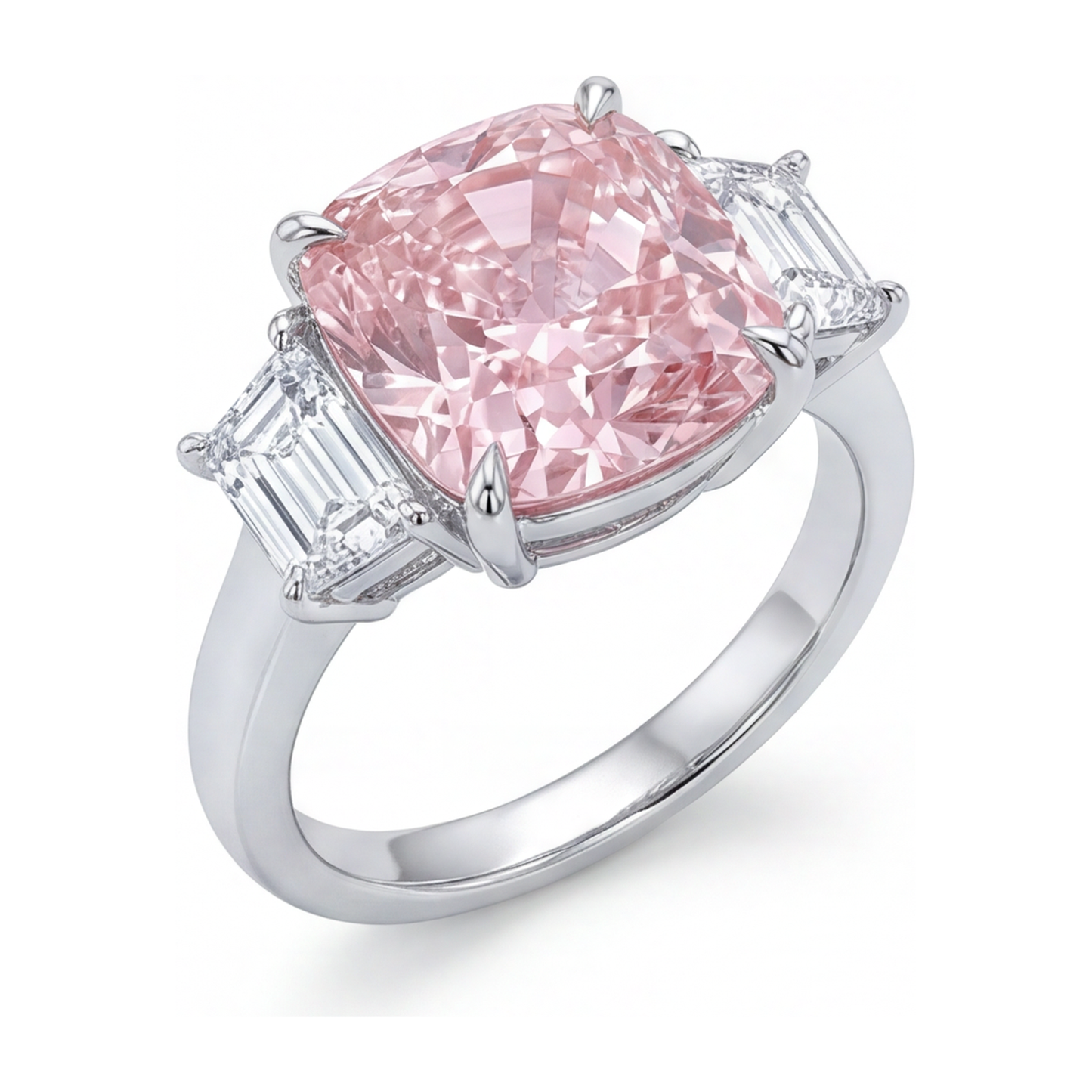 Rosa Verlobungsring 6 Karat im Labor gezüchteter Kissenschliff-Diamant Drei Steine 14 Karat Weißgold