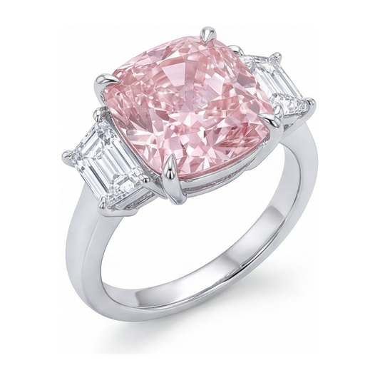 Rosa Verlobungsring 6 Karat im Labor gezüchteter Kissenschliff-Diamant Drei Steine 14 Karat Weißgold