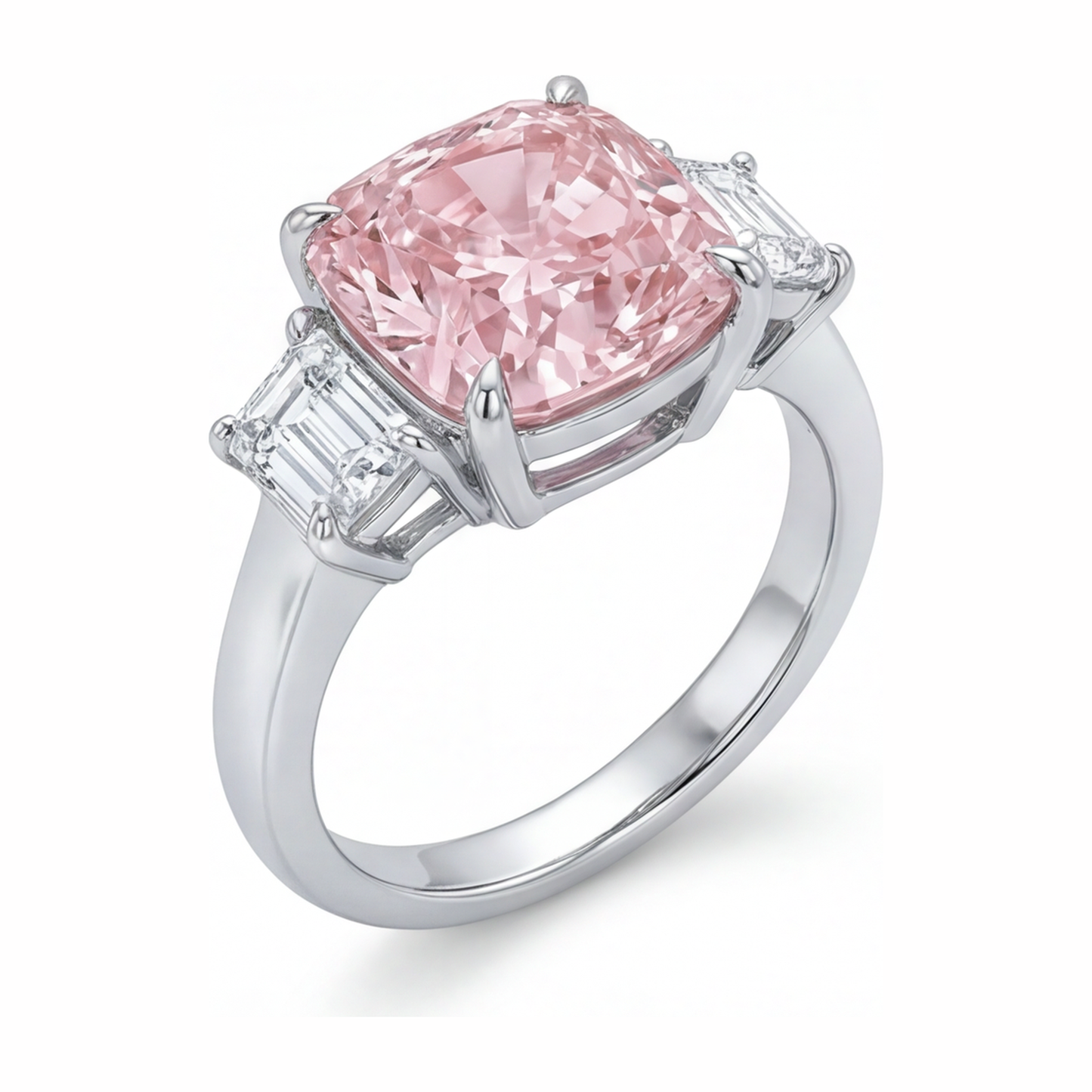 Rosa Verlobungsring 6 Karat im Labor gezüchteter Kissenschliff-Diamant Drei Steine 14 Karat Weißgold