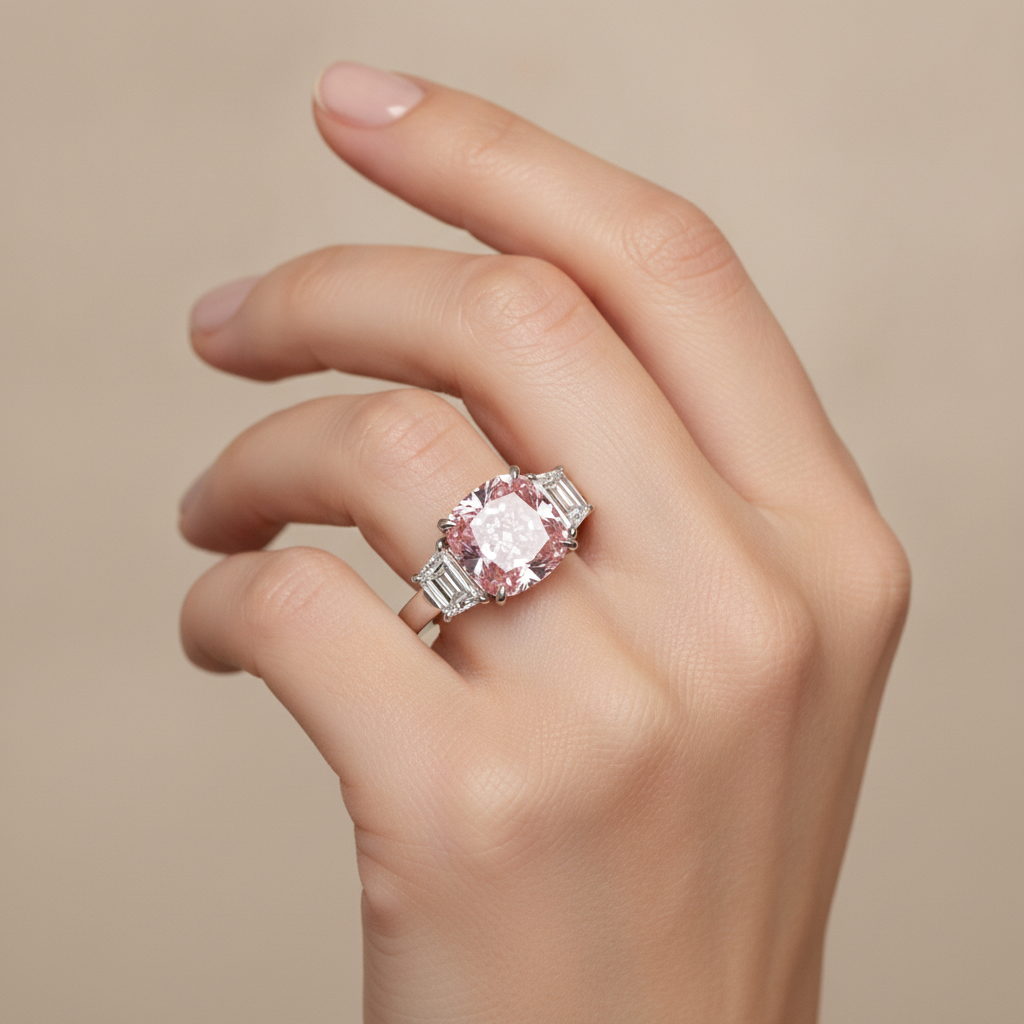 Rosa Verlobungsring 6 Karat im Labor gezüchteter Kissenschliff-Diamant Drei Steine 14 Karat Weißgold