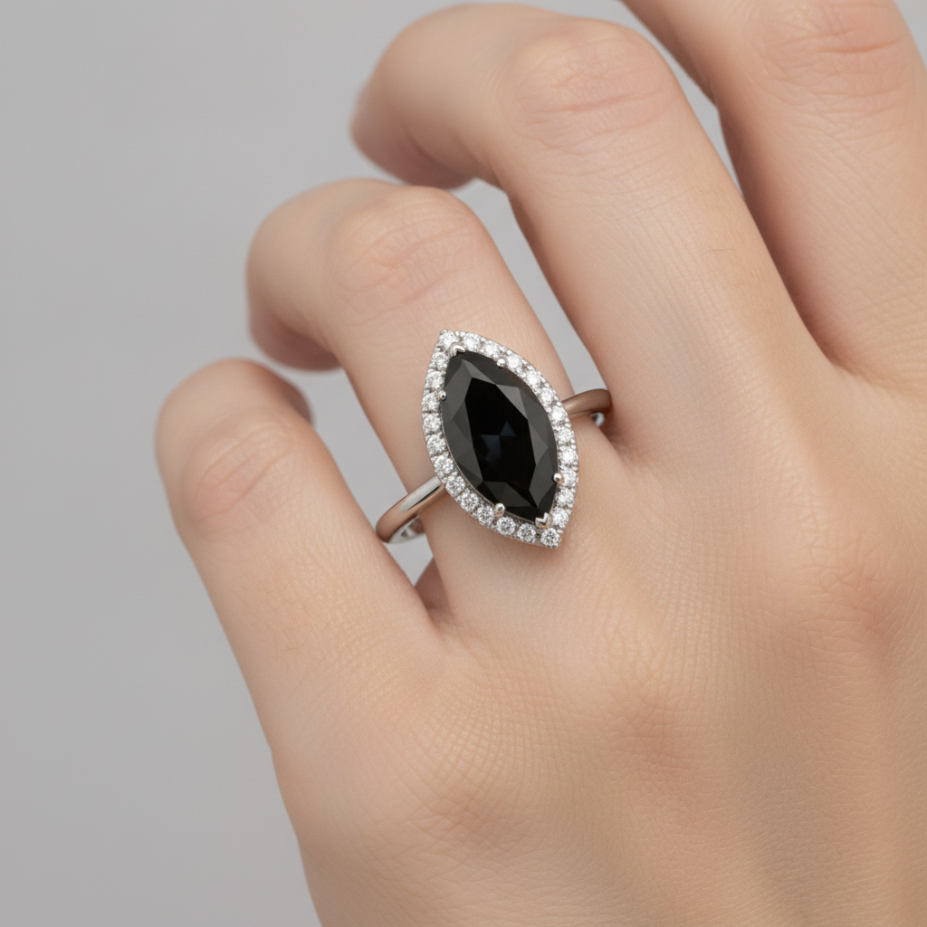 Antragsring mit schwarzem Diamanten, 3 Karat, echter Marquise Halo, 14 Karat Weißgold