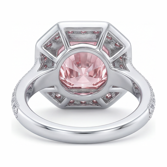 Verlobungsring mit rosa Edelstein, 6 Karat im Labor gezüchteter Diamant im Radiant-Schliff, Halo, 14 Karat Weißgold
