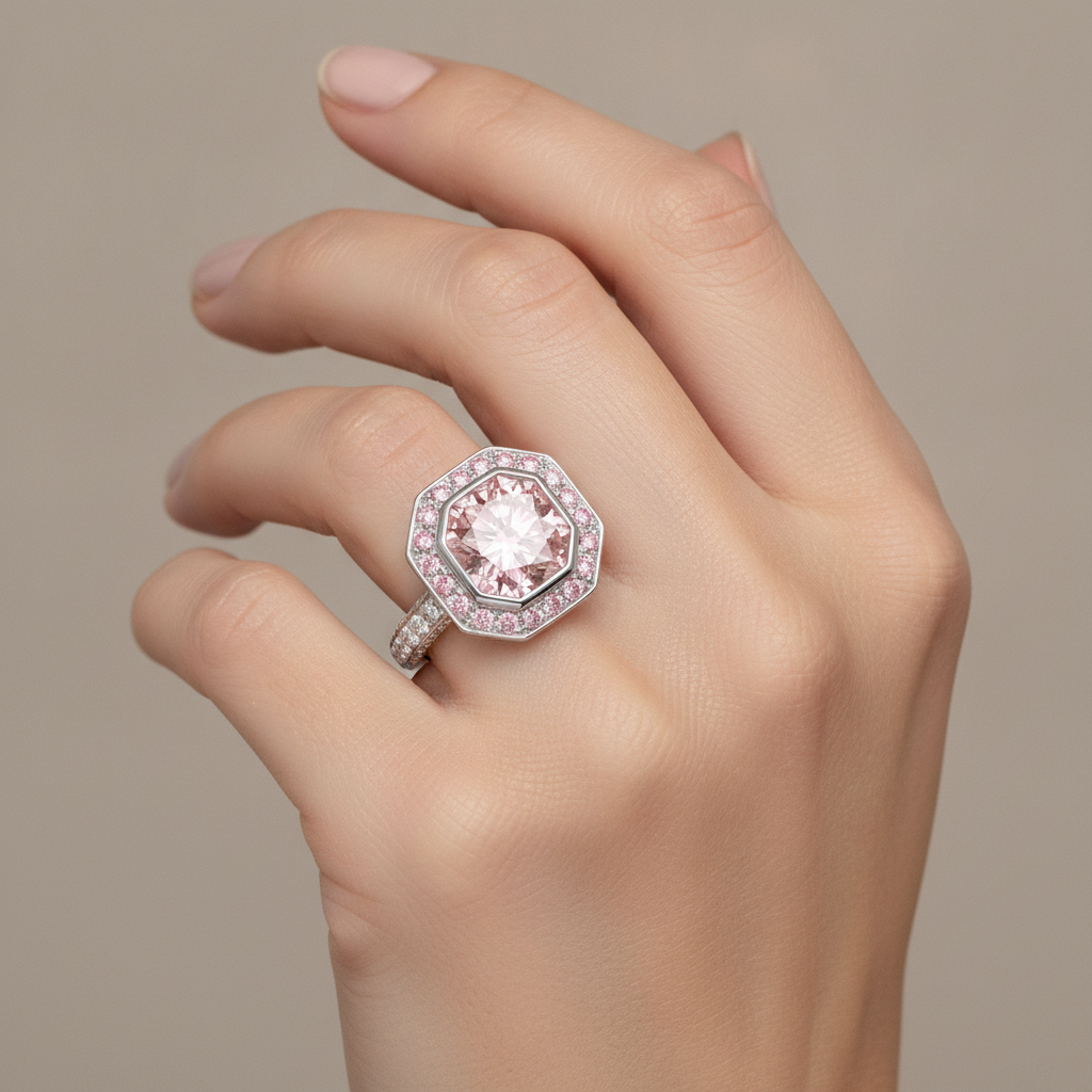 Verlobungsring mit rosa Edelstein, 6 Karat im Labor gezüchteter Diamant im Radiant-Schliff, Halo, 14 Karat Weißgold