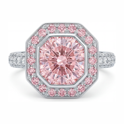 Verlobungsring mit rosa Edelstein, 6 Karat im Labor gezüchteter Diamant im Radiant-Schliff, Halo, 14 Karat Weißgold