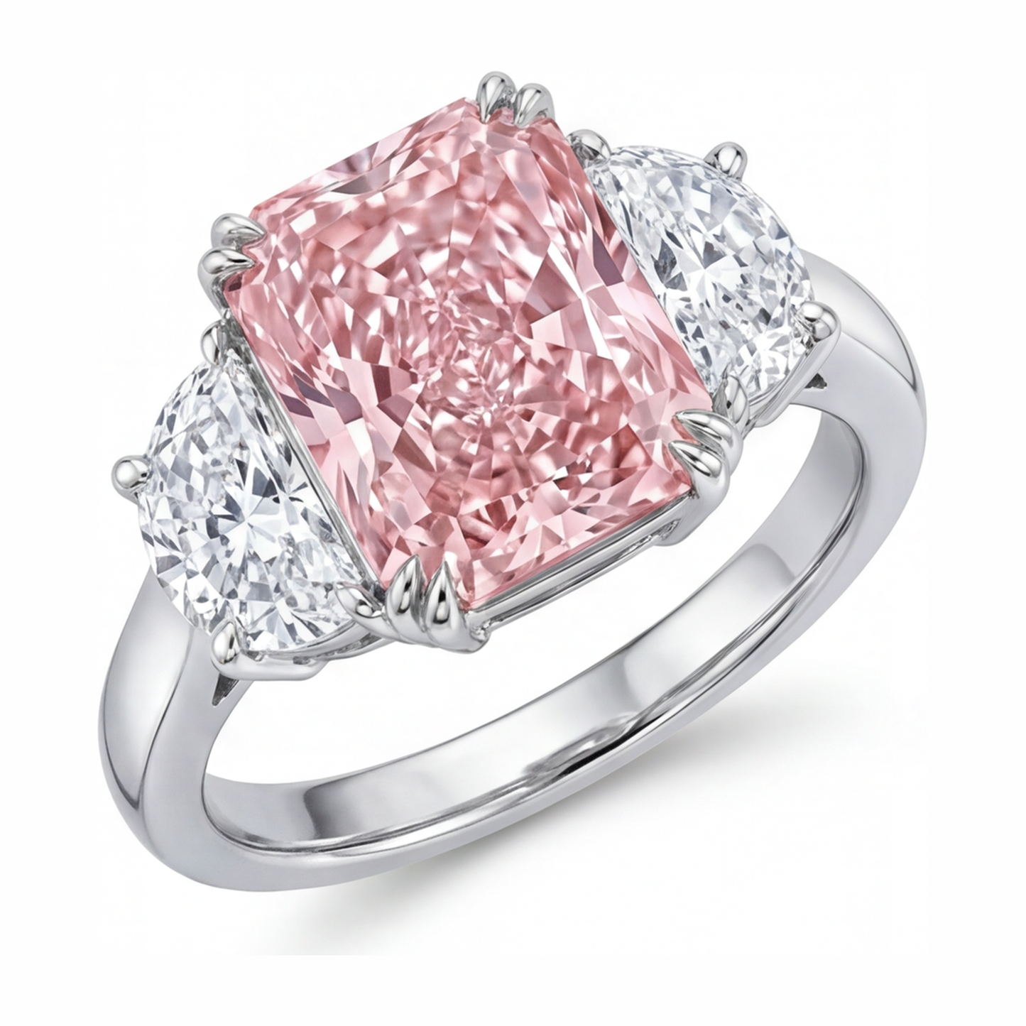 Pinkfarbener Diamantring 6 Karat im Labor gezüchtet Radiant-Schliff Dreistein Schlicht 14 Karat Weißgold