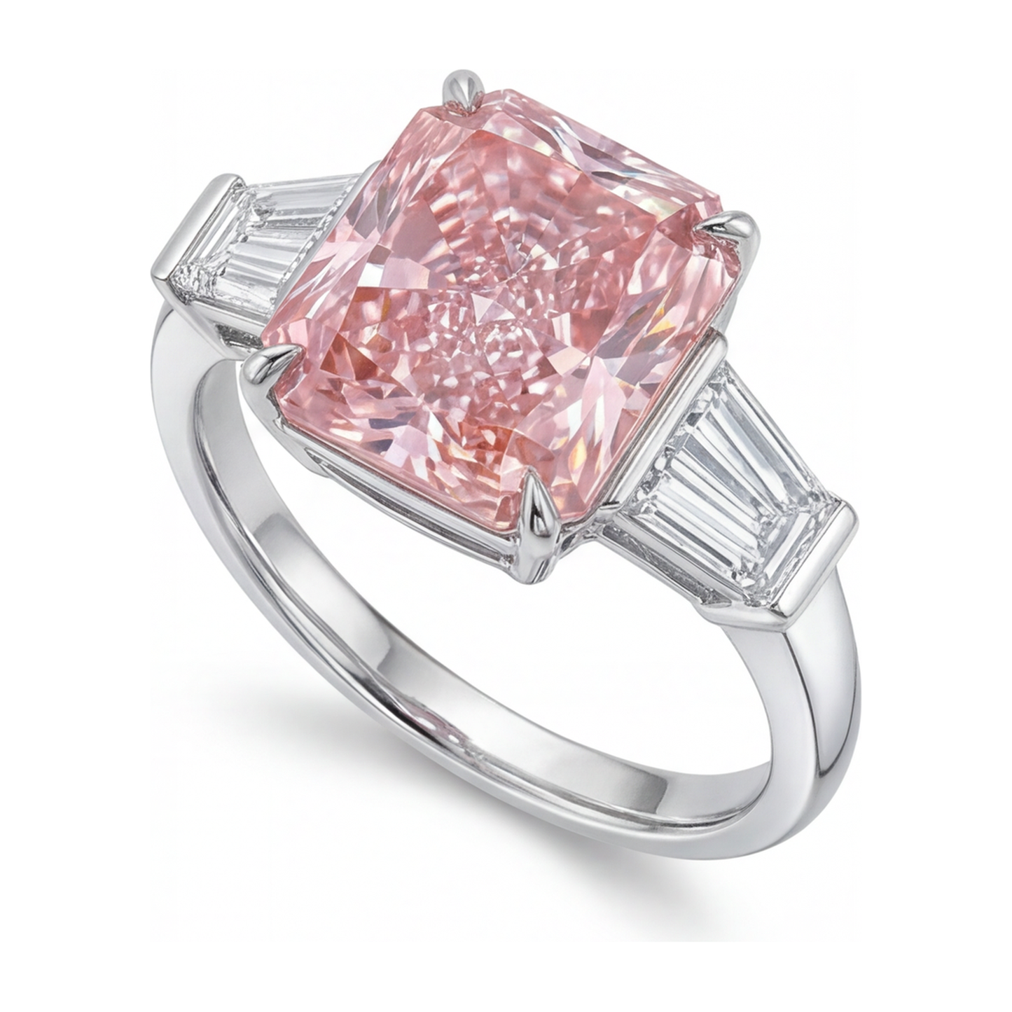Pinkfarbener Diamantring 6 Karat im Labor gezüchtet Radiant-Schliff Drei Steine Kathedral-Fassung 14 Karat Weißgold