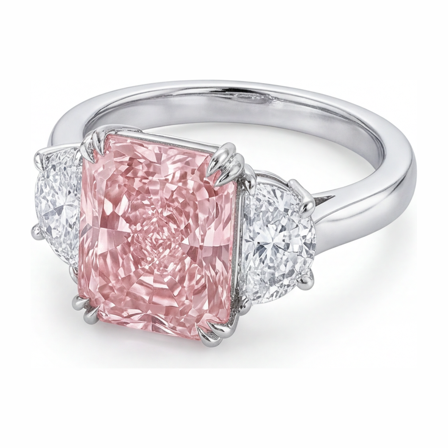 Pinkfarbener Diamantring 6 Karat im Labor gezüchtet Radiant-Schliff Dreistein Schlicht 14 Karat Weißgold