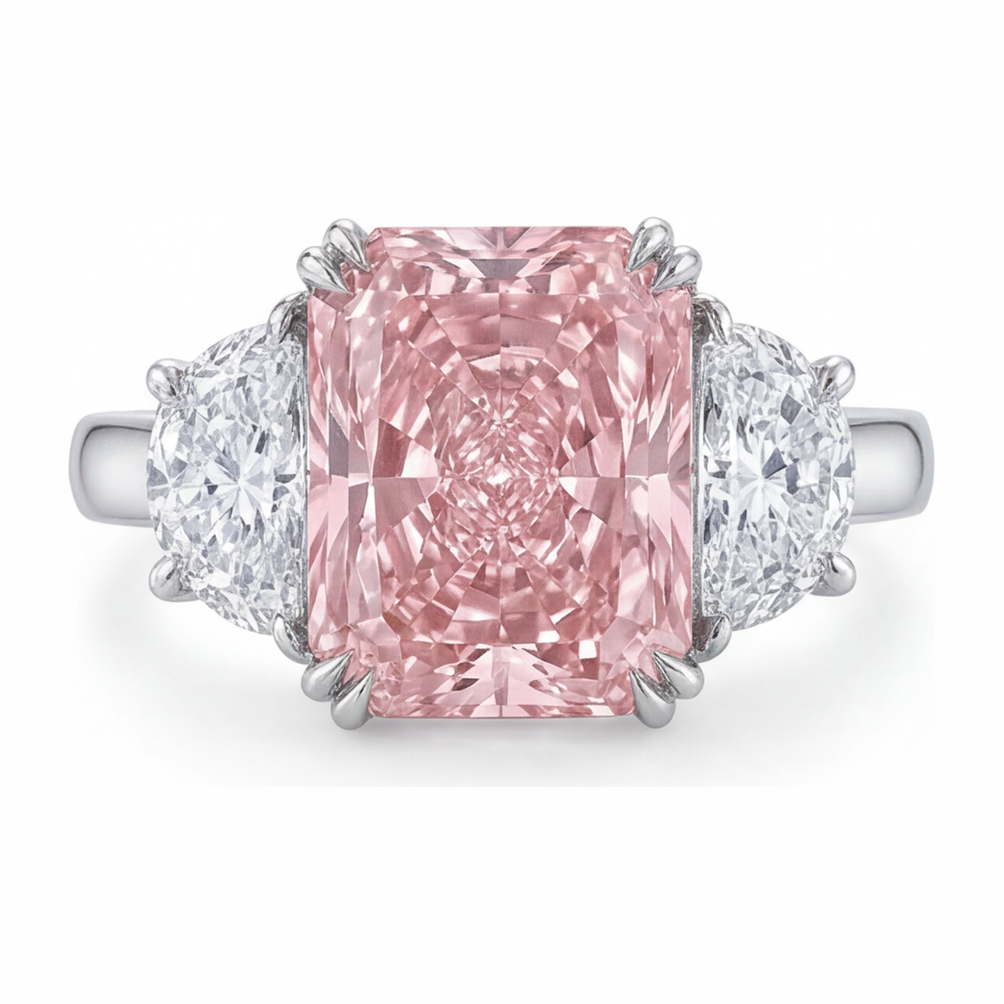 Pinkfarbener Diamantring 6 Karat im Labor gezüchtet Radiant-Schliff Dreistein Schlicht 14 Karat Weißgold