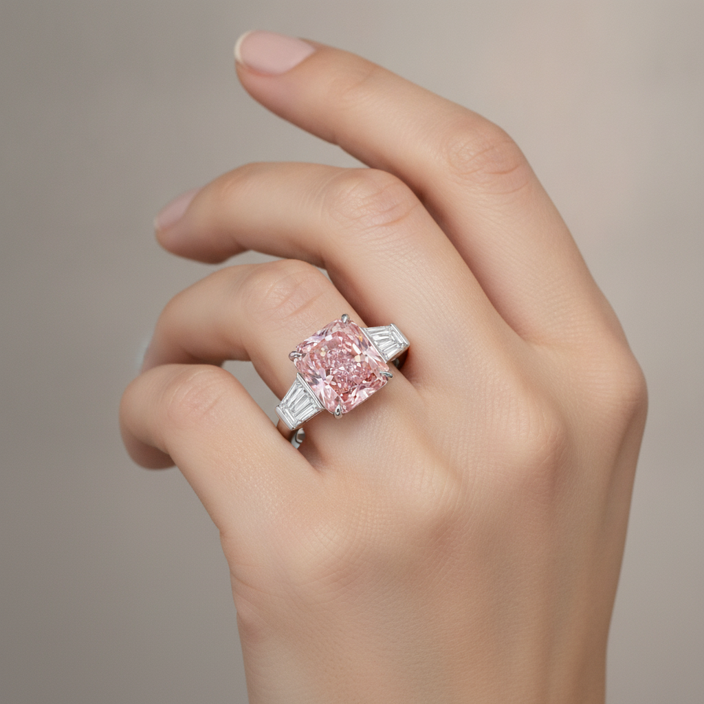 Pinkfarbener Diamantring 6 Karat im Labor gezüchtet Radiant-Schliff Drei Steine Kathedral-Fassung 14 Karat Weißgold