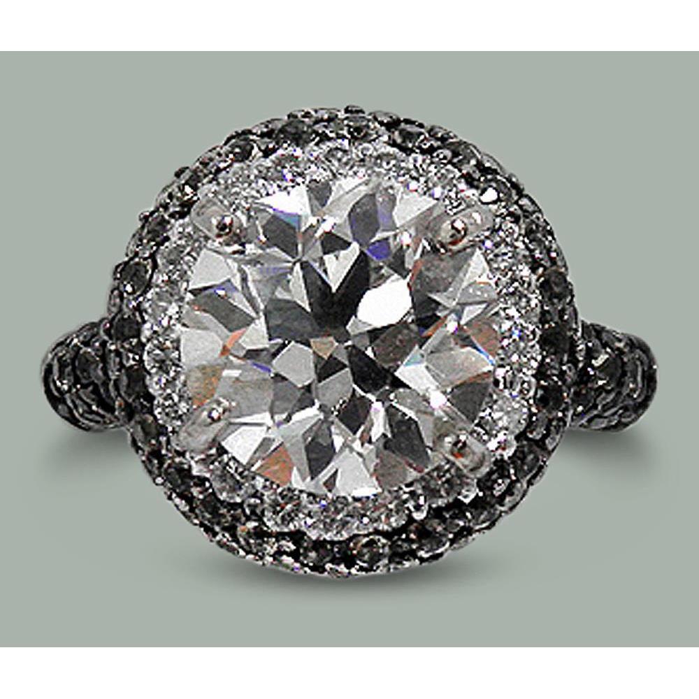 6,24 cts runder weißer schwarzer Echt Diamanten Halo alter Bergmann Ring Weißgold 14K