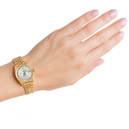 Rolex President Damenuhr aus Gelbgold mit geriffeltem Zifferblatt und geriffelter Lünette
