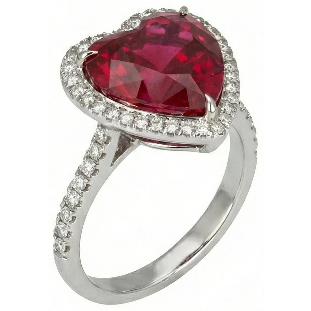 6,25 Karat Rubin-Edelstein-Aus der Erde Abgebauter Natürlicher Diamant-Ring im Herzschliff Weißgold 14K