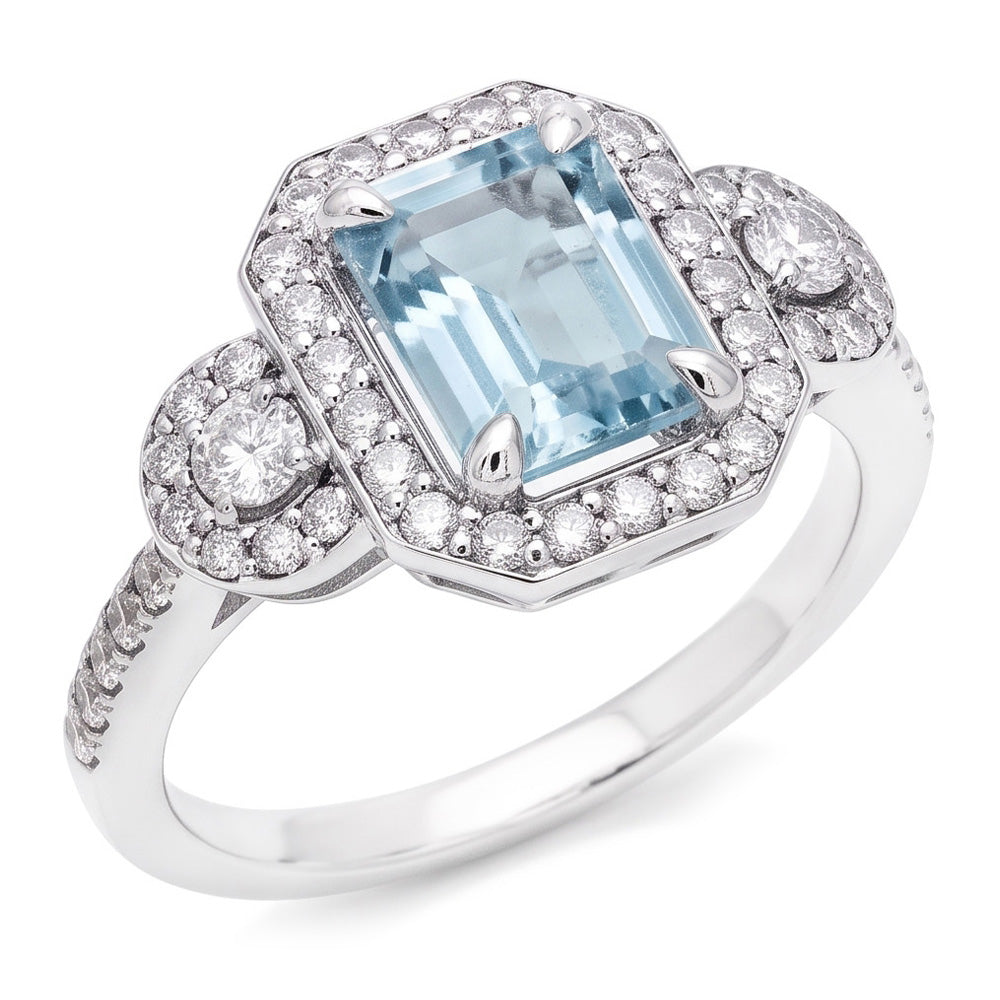 6,25 ct Smaragdschliff Aquamarin und kleine Aus der Erde Abgebauter Natürlicher Diamanten Ring Weißgold