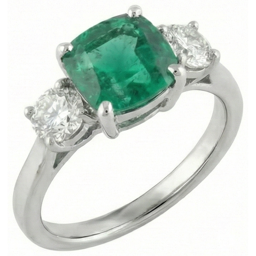 6,50 Karat Grüner Smaragd & Aus der Erde Abgebauter Natürlicher Diamant 3-Steine Ring Weißgold 14K