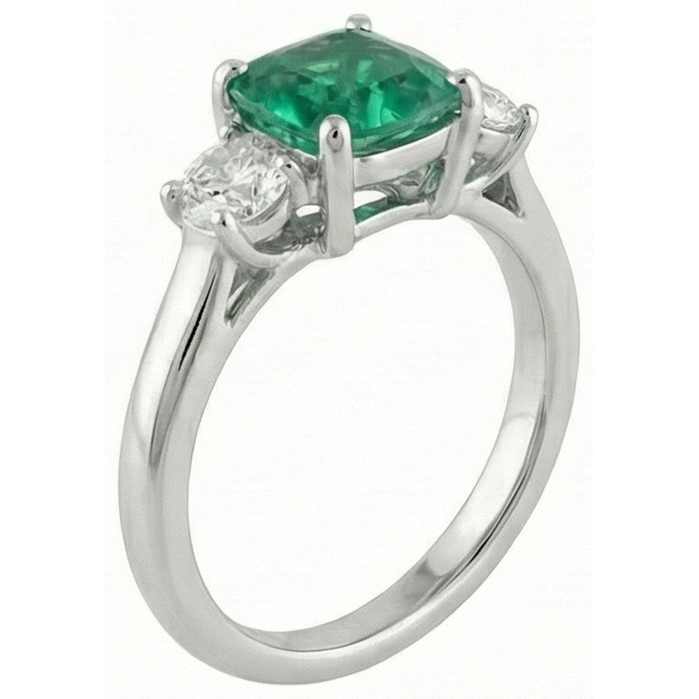 6,50 Karat Grüner Smaragd & Aus der Erde Abgebauter Natürlicher Diamant 3-Steine Ring Weißgold 14K