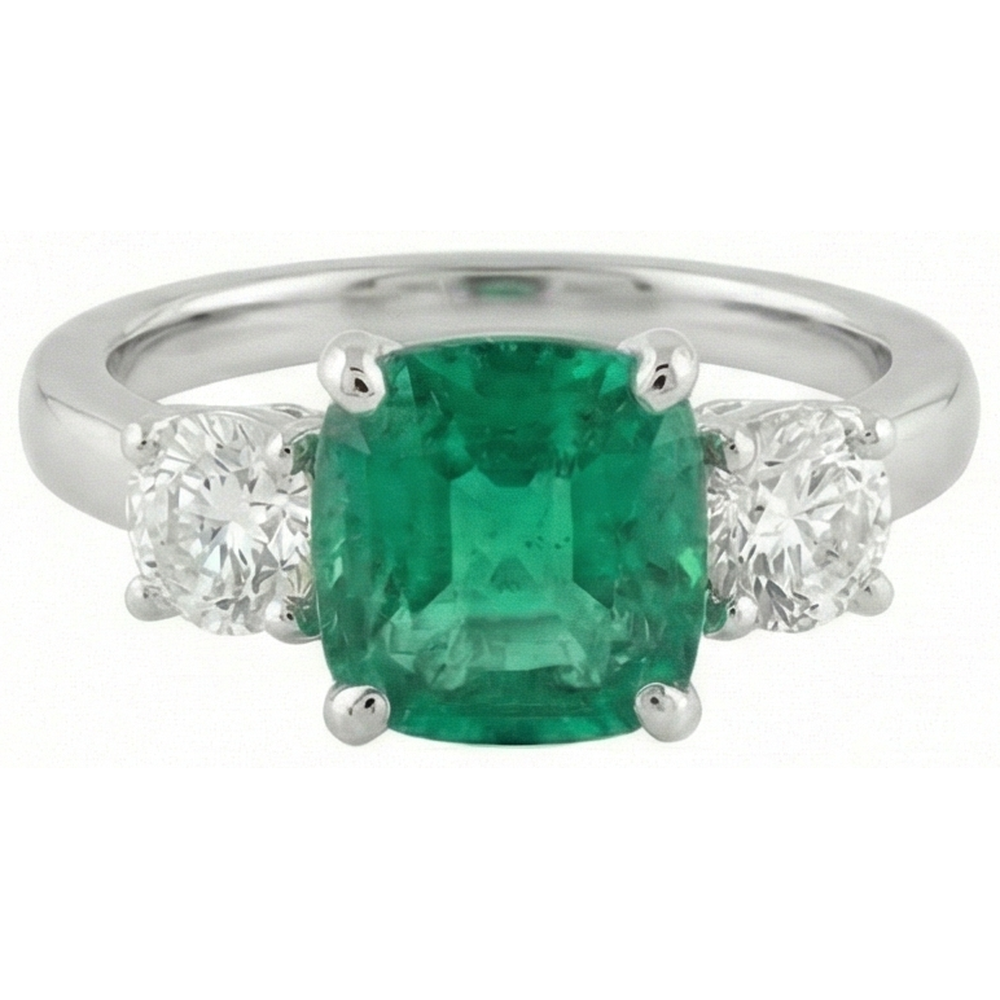 6,50 Karat Grüner Smaragd & Aus der Erde Abgebauter Natürlicher Diamant 3-Steine Ring Weißgold 14K