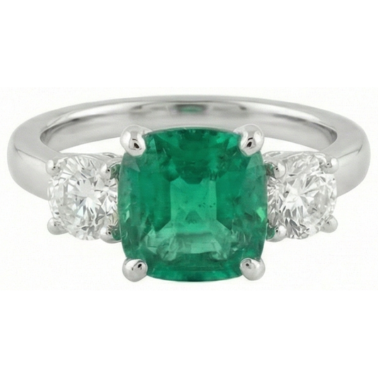 6,50 Karat Grüner Smaragd & Aus der Erde Abgebauter Natürlicher Diamant 3-Steine Ring Weißgold 14K