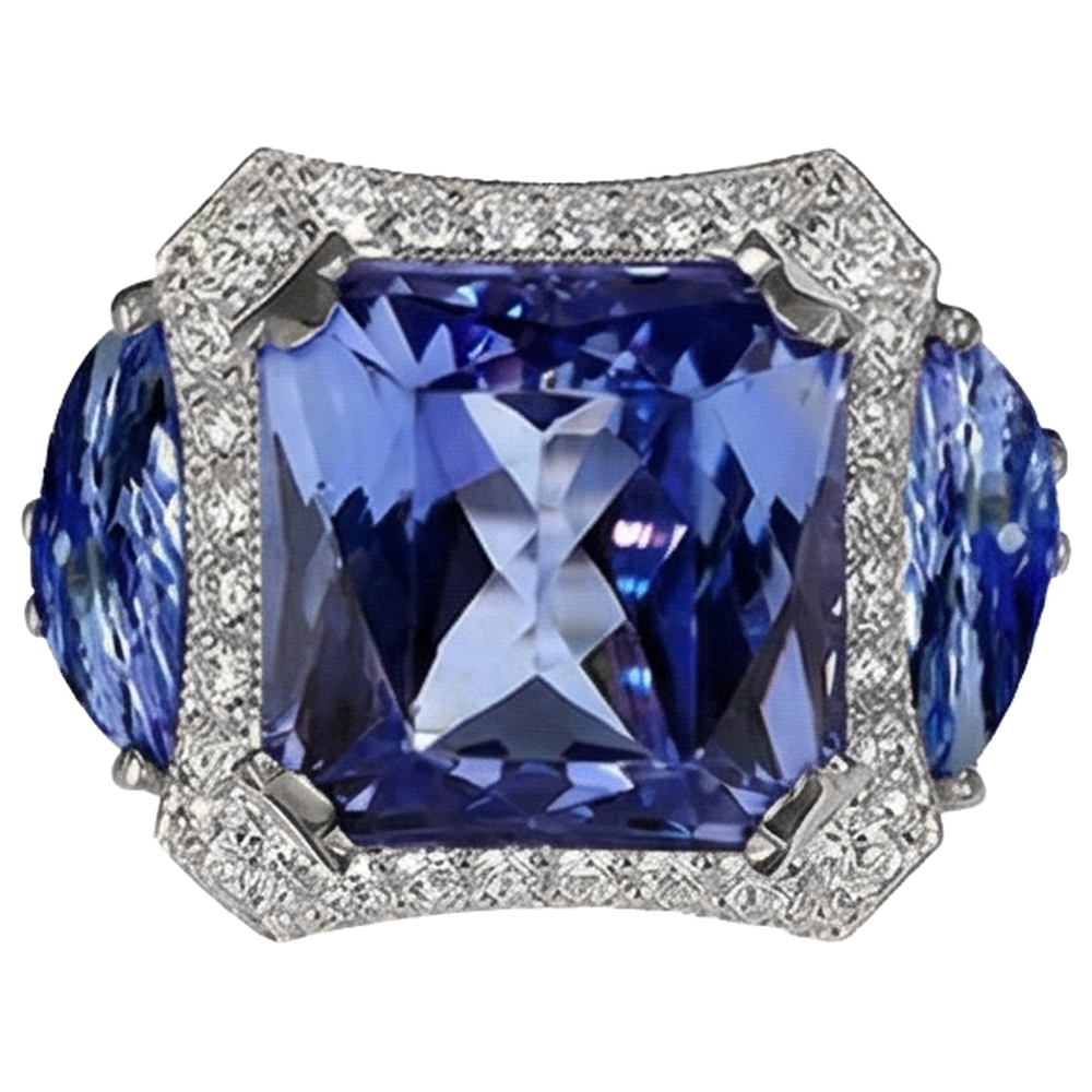 6,75 Karat Strahlender Tansanit und runde Aus der Erde Abgebauter Natürlicher Diamanten Fancy Ring Gold