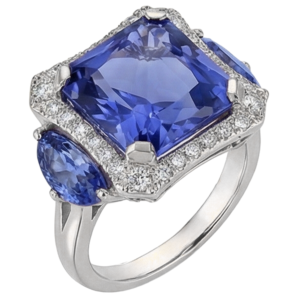 6,75 Karat Strahlender Tansanit und runde Aus der Erde Abgebauter Natürlicher Diamanten Fancy Ring Gold