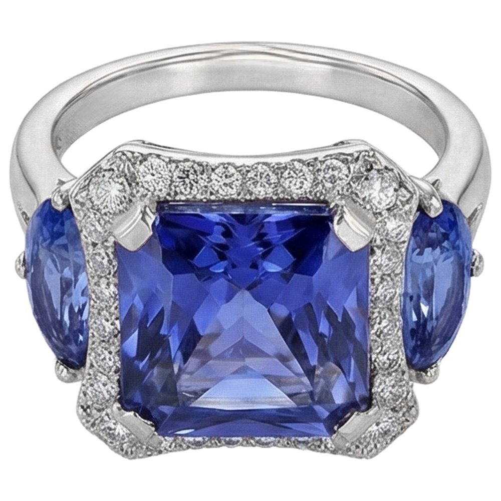 6,75 Karat Strahlender Tansanit und runde Aus der Erde Abgebauter Natürlicher Diamanten Fancy Ring Gold