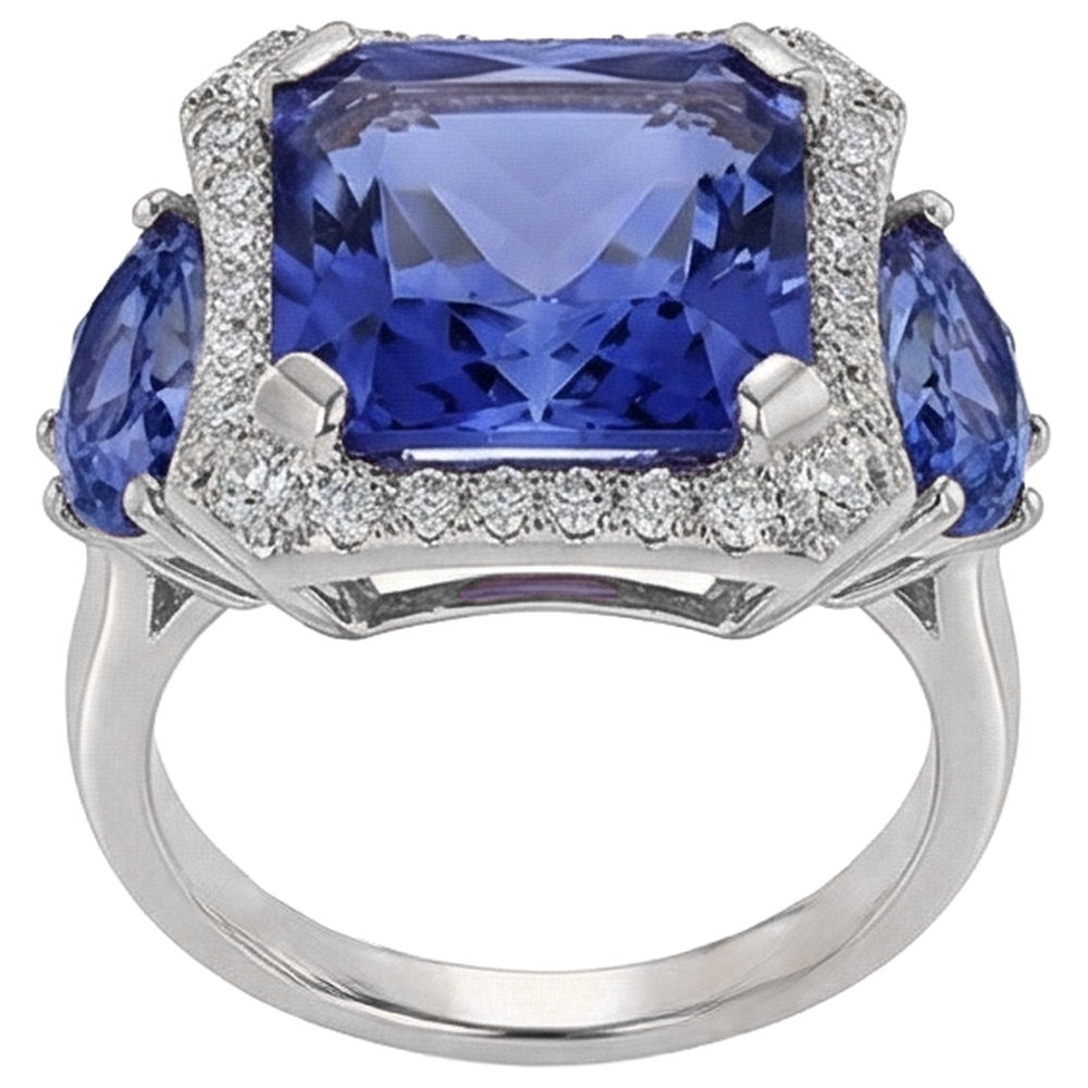 6,75 Karat Strahlender Tansanit und runde Aus der Erde Abgebauter Natürlicher Diamanten Fancy Ring Gold
