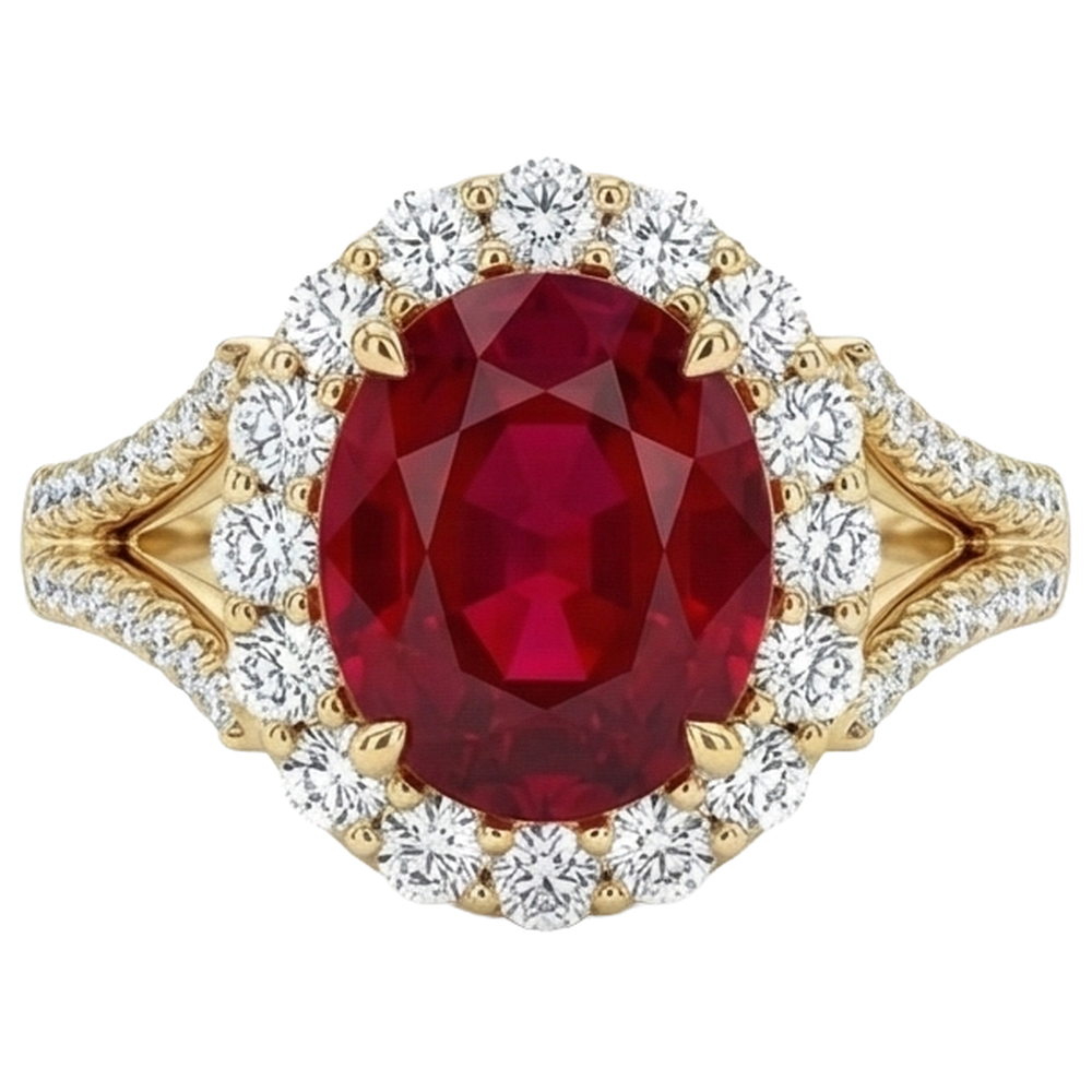 7.25 Karat Oval Roter Rubin Mit Aus der Erde Abgebauter Natürlicher Diamant Ehering Gelbgold 14K