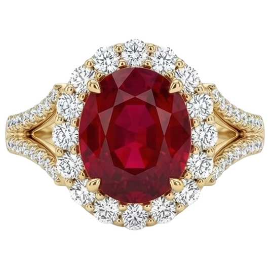 7.25 Karat Oval Roter Rubin Mit Aus der Erde Abgebauter Natürlicher Diamant Ehering Gelbgold 14K