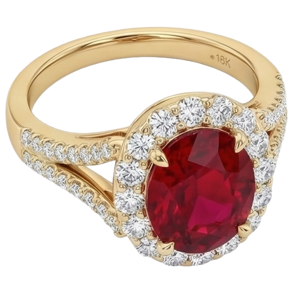 7.25 Karat Oval Roter Rubin Mit Aus der Erde Abgebauter Natürlicher Diamant Ehering Gelbgold 14K