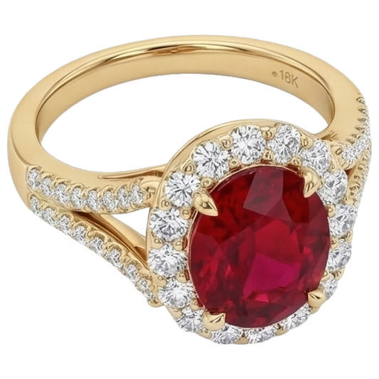 7.25 Karat Oval Roter Rubin Mit Aus der Erde Abgebauter Natürlicher Diamant Ehering Gelbgold 14K
