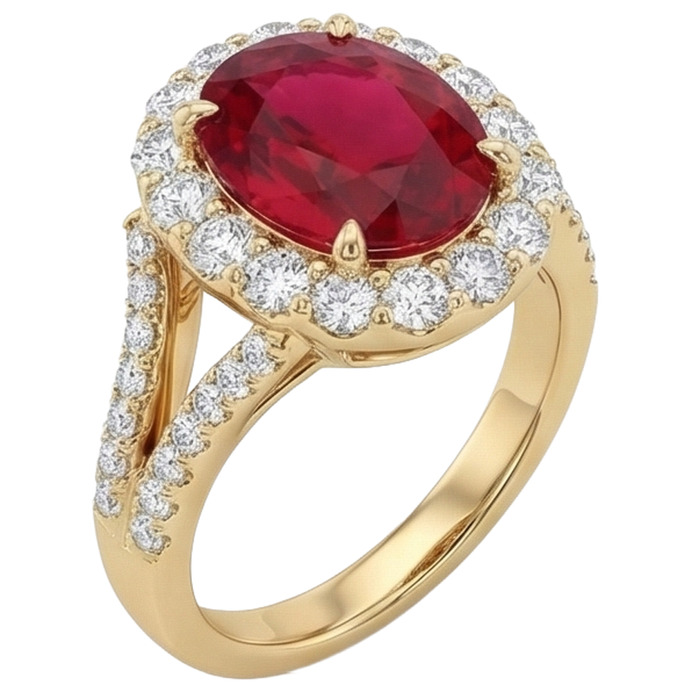 7.25 Karat Oval Roter Rubin Mit Aus der Erde Abgebauter Natürlicher Diamant Ehering Gelbgold 14K
