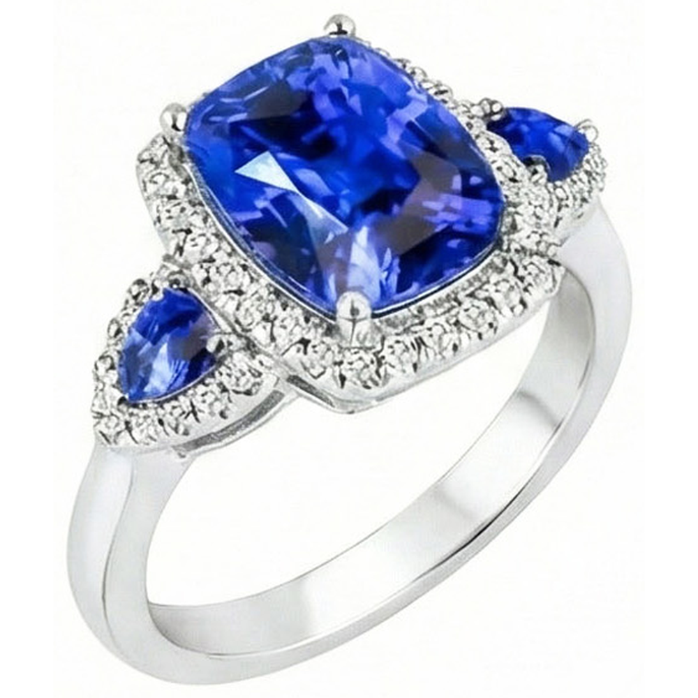 7.25 ct Kissen Ceylon Saphir und Aus der Erde Abgebauter Natürlicher Diamanten Ring Weißgold 14K