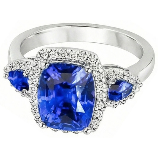 7.25 ct Kissen Ceylon Saphir und Aus der Erde Abgebauter Natürlicher Diamanten Ring Weißgold 14K