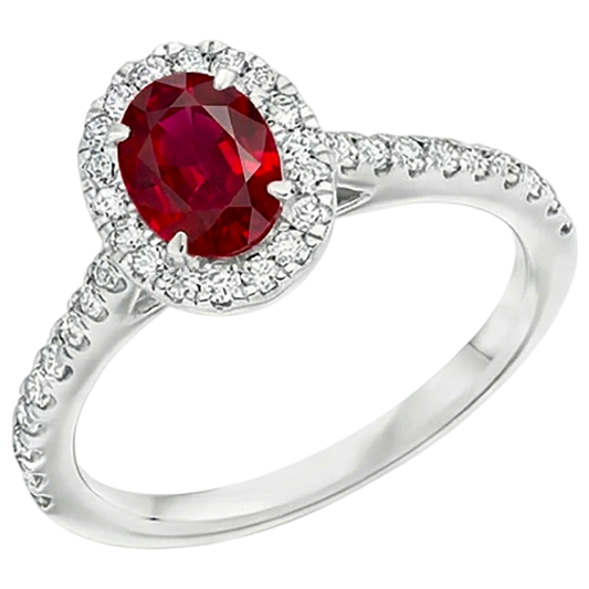 7.35 Karat Ovaler Rubin mit runden Aus der Erde Abgebauter Natürlicher Diamanten Ring Weißgold 14K