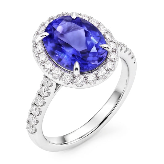 7.75 ct Goldschmuck Ovaler Tansanit mit Halo-Aus der Erde Abgebauter Natürlicher Diamantring