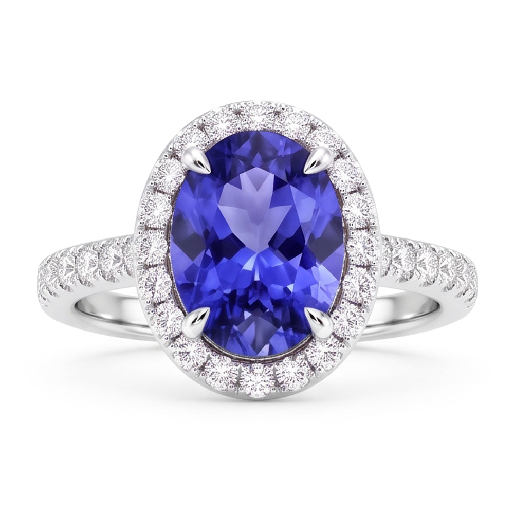 7.75 ct Goldschmuck Ovaler Tansanit mit Halo-Aus der Erde Abgebauter Natürlicher Diamantring