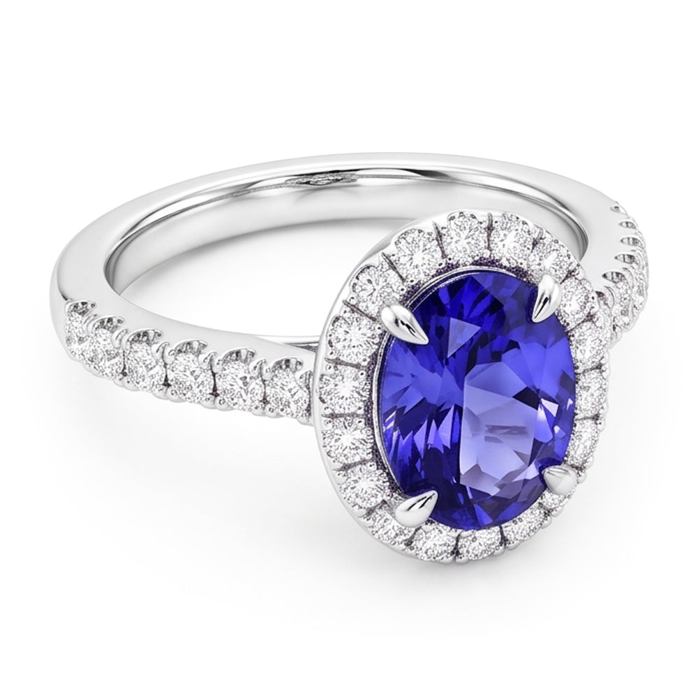 7.75 ct Goldschmuck Ovaler Tansanit mit Halo-Aus der Erde Abgebauter Natürlicher Diamantring
