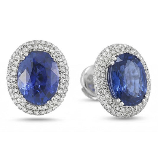 7 Karat Saphir und Aus der Erde Abgebauter Natürlicher Diamanten Damen Ohrstecker Weißgold 14K