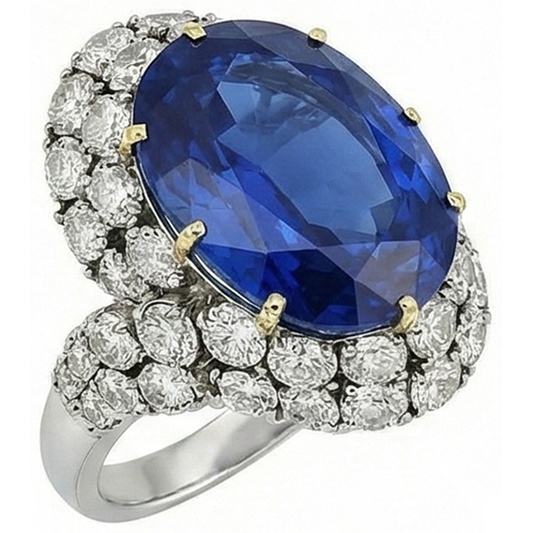 7 Kt Oval Sri Lanka Blauer Saphir Und Aus der Erde Abgebauter Natürlicher Diamanten Ring Weißgold 14K