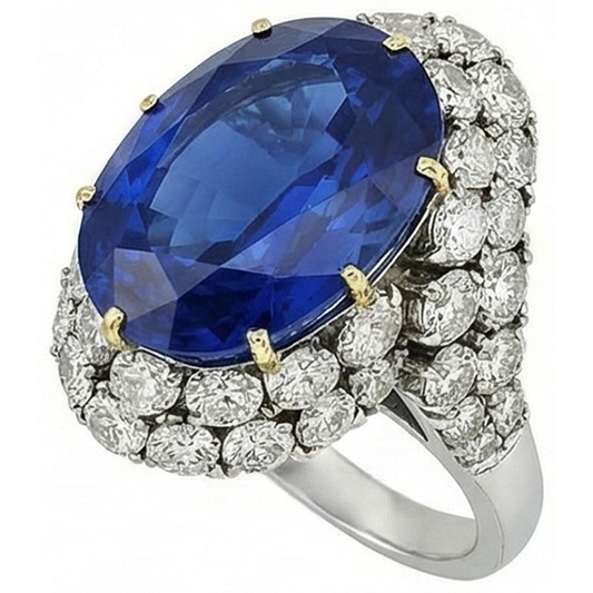 7 Kt Oval Sri Lanka Blauer Saphir Und Aus der Erde Abgebauter Natürlicher Diamanten Ring Weißgold 14K